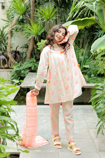GAD-02583 | Beige & Neon | Casual Plus 3 Piece Suit  | Cotton Jacquard Neon Shade